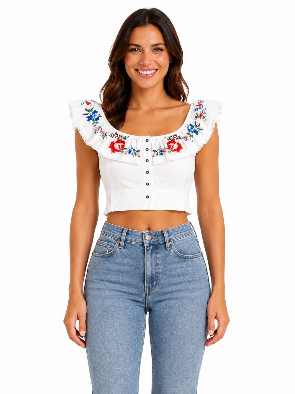 Pilcro White Cropped Button-Front Top with Red & Blue Floral Embroidery